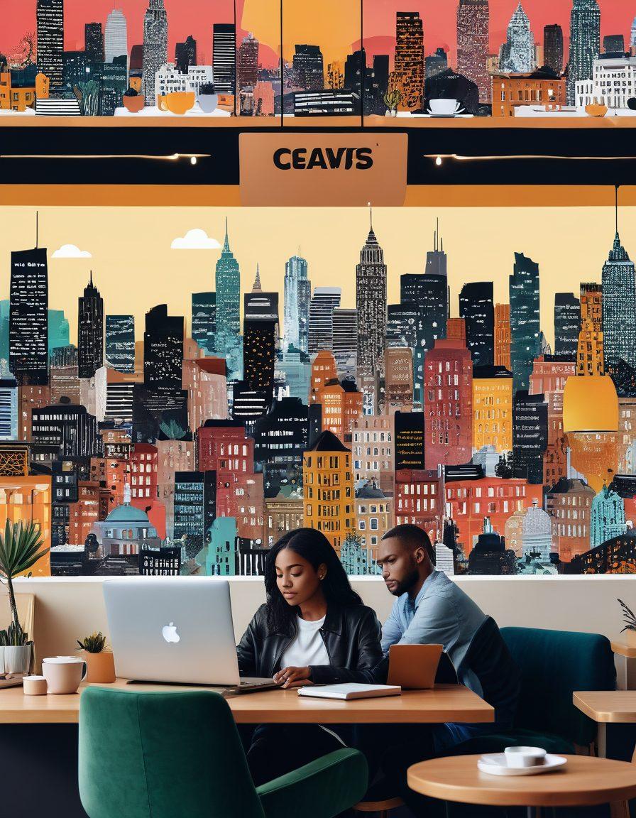 A dynamic collage featuring a diverse team of individuals engaged in various online activities; a person reviewing a product on a laptop, another writing an editorial, and a group brainstorming lifestyle tips in a cozy café. The backdrop showcases an abstract cityscape symbolizing the digital world, with floating icons of reviews and lifestyle blogs. Bright and engaging colors. modern flat design.