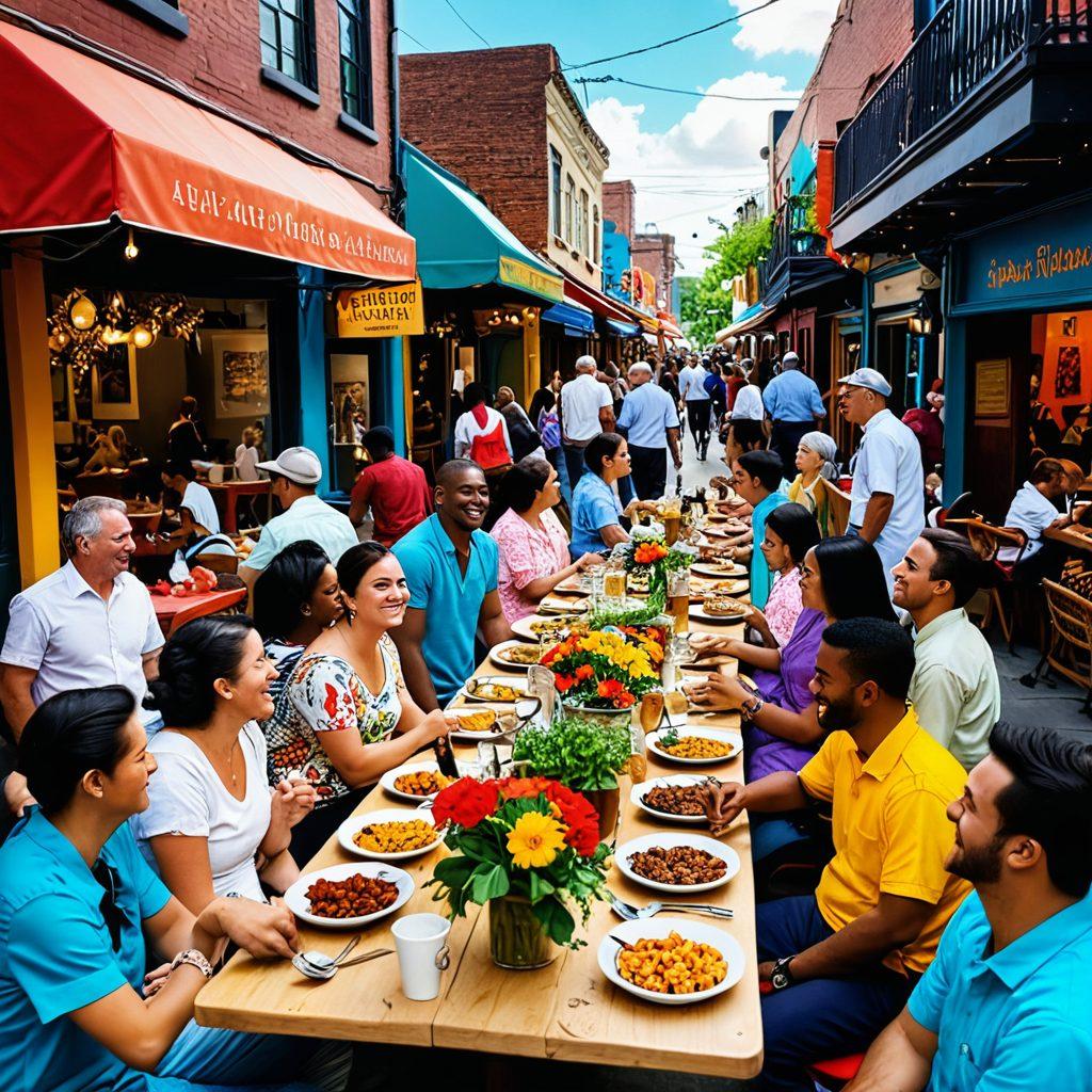 A vibrant street scene showcasing a diverse group of people sharing fashion, cooking, and conversation. Include colorful clothing styles, an array of delicious food dishes from different cultures, and smiles that convey community spirit. The background features a mural celebrating local art and culture. super-realistic. vibrant colors. 3D.