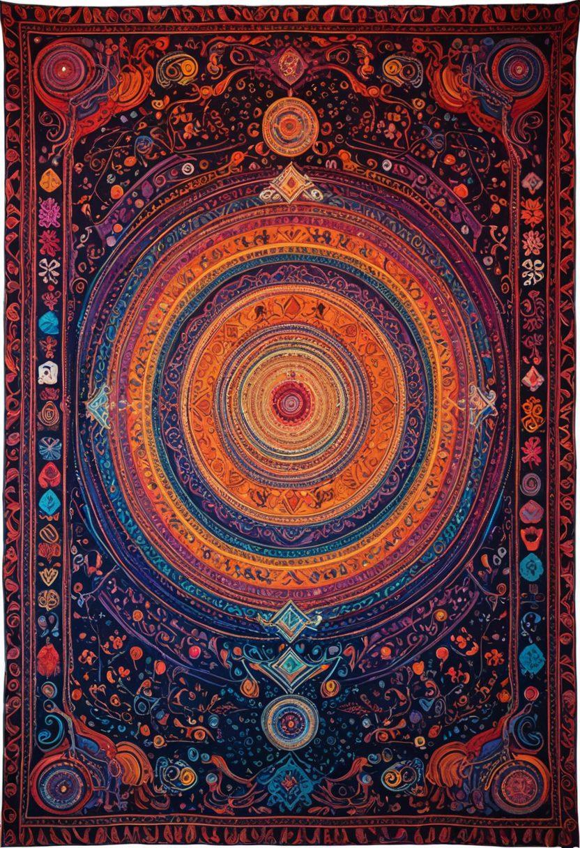 An intricate tapestry woven with colorful threads, symbolizing diverse online community trends and insights. Include vibrant icons representing technology, social media, and collaboration, intertwined with abstract patterns that evoke connection and discovery. The background should be a soft gradient that enhances the tapestry's brightness and depth. painting. vibrant colors. 3D.